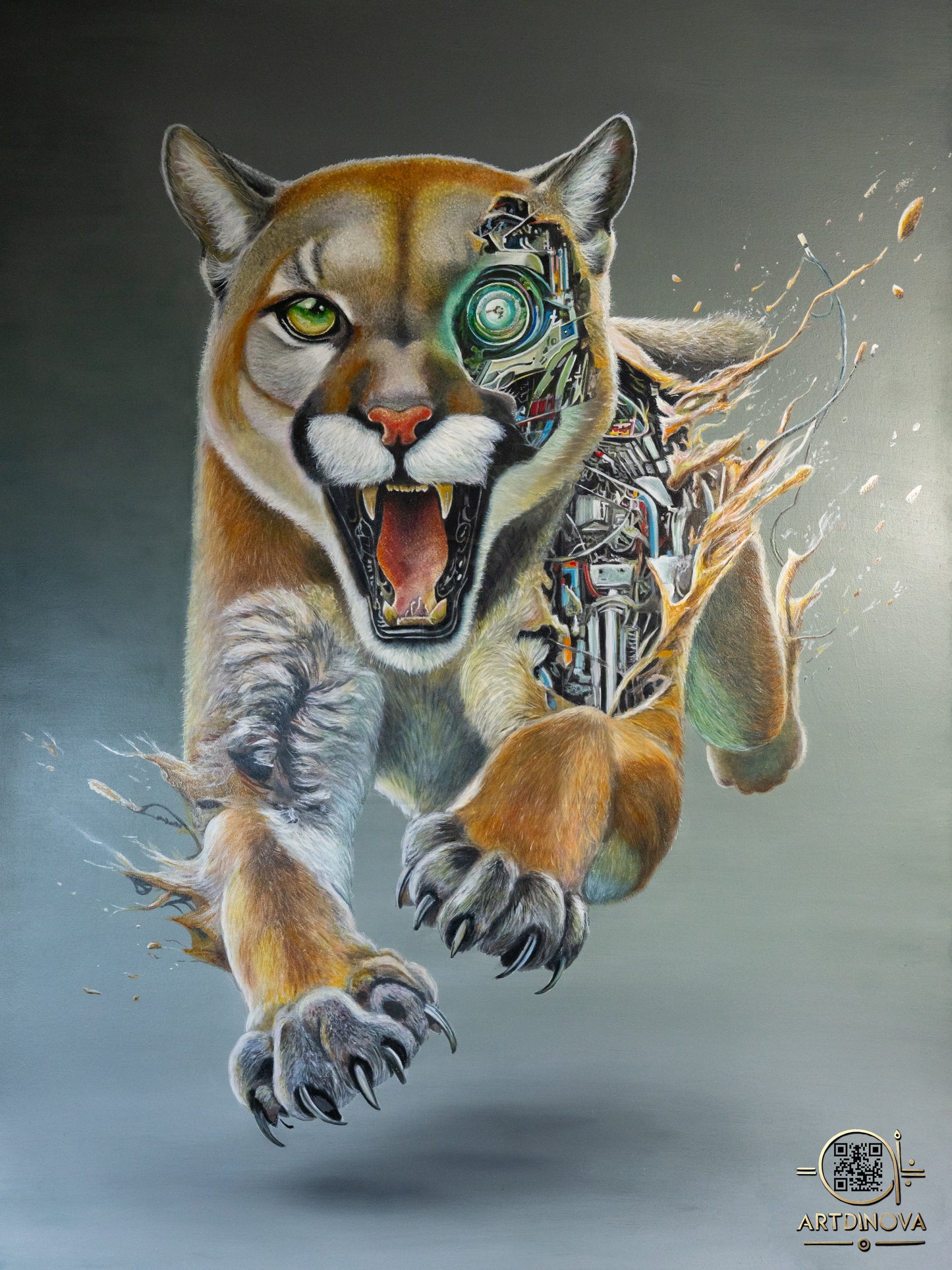 Le Puma Augmenté - Peinture à l'huile - Exposée au Carrousel du Louvre du 18 au 20 octobre 2024.